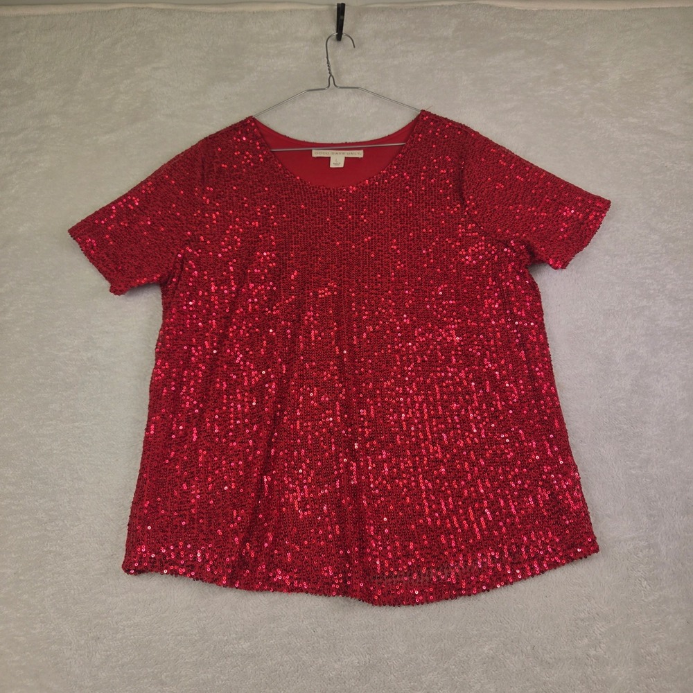 Good Days Only Red Sequin Top Short Sleeve Blouse SZ L Festive Glam Party Shirt